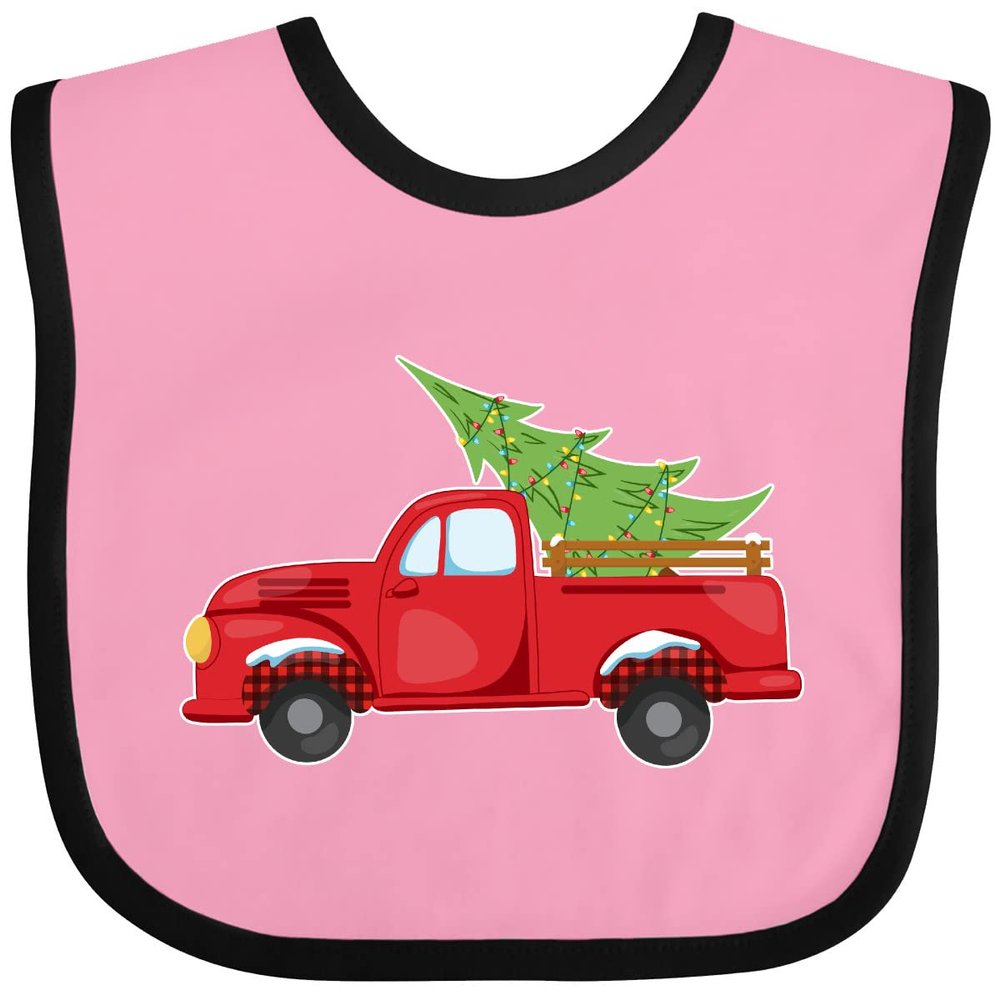 inktastic Christmas Vintage Truck with Christmas Tree Baby Bib Pink and Black 39181
