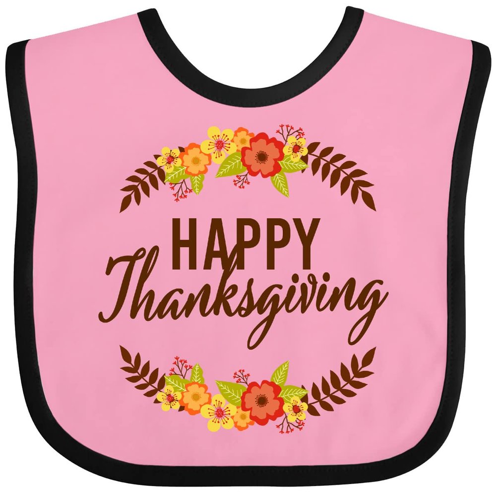 inktastic Happy Thanksgiving with Fall Floral Baby Bib Pink and Black 31d98