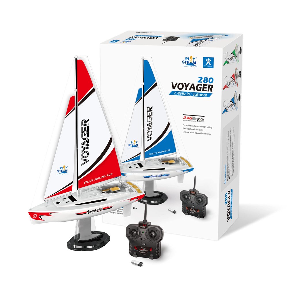 PLAYSTEAM Voyager 280 RC Controlled Wind Powered Sailboat in Red - 17.5" Tall