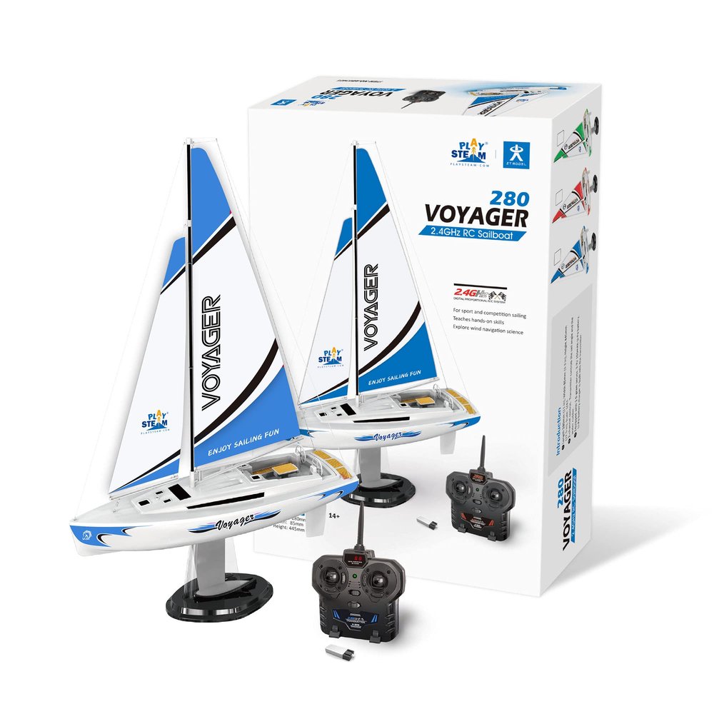 PLAYSTEAM Voyager 280 RC Controlled Wind Powered Sailboat in Blue -17.5" Tall
