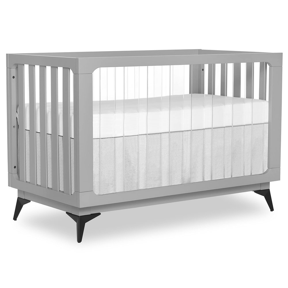 Evolur Acrylic Millennium 4-in-1 Convertible Full-Size Baby Crib in Brush Pebble Grey, GreenGuard Gold & JPMA, Modern Design, Clear Acrylic Slats, Converts to Toddler & Day Bed, 3 Mattress Heights