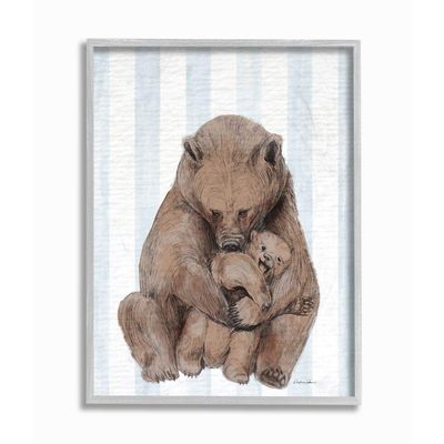 Stupell Industries Charming Family Bear and Baby Cub Blue Stripe Nursery Illustration, Designed by Daphne Polselli Wall Art, 16 x 20, Grey Framed