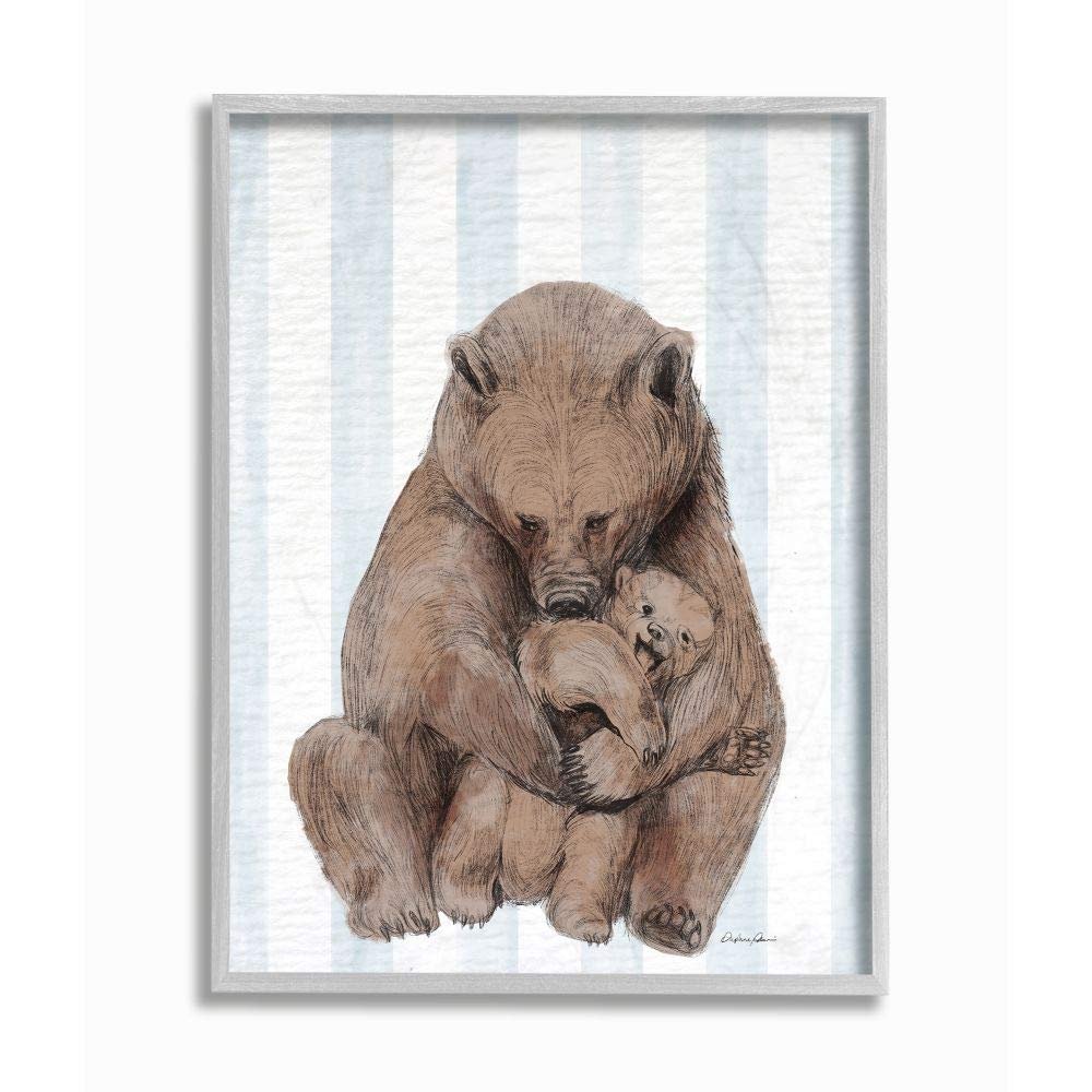 Stupell Industries Charming Family Bear and Baby Cub Blue Stripe Nursery Illustration, Designed by Daphne Polselli Wall Art, 16 x 20, Grey Framed