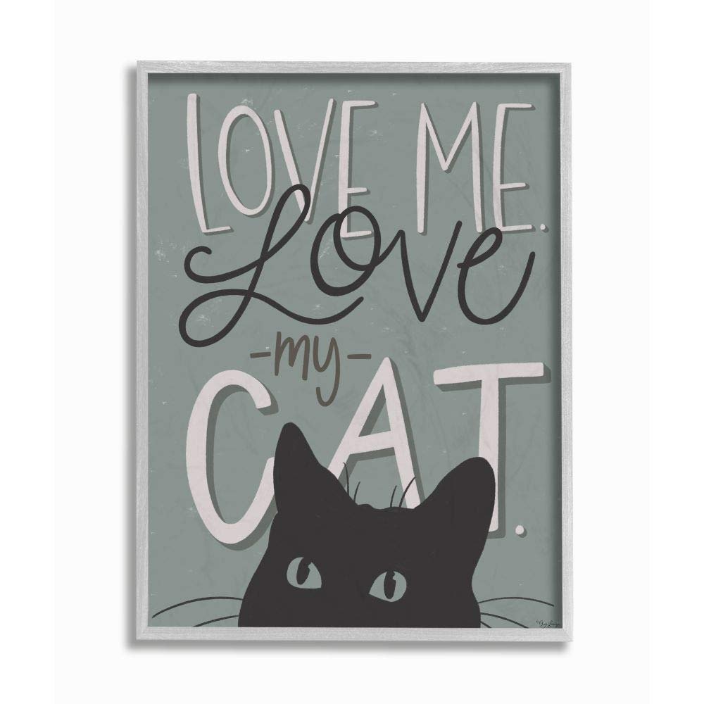 Stupell Industries Love Phrase Black Cat Green Quote, Designed by Gigi Louise Wall Art, 16 x 20, Grey Framed