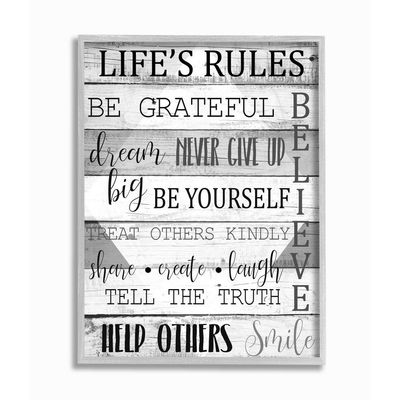 Stupell Industries Life's Rules Phrases on Wood Grain Black White Word Design