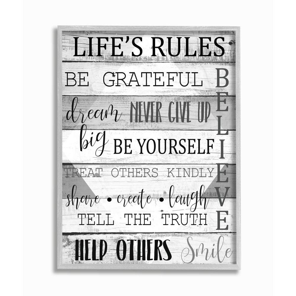 Stupell Industries Life's Rules Phrases on Wood Grain Black White Word Design