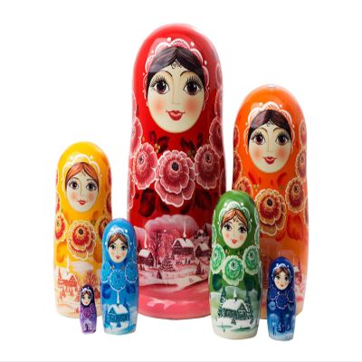 Golden Cockerel Rainbow Matryoshka 7pc./8" Russian Nesting Doll Winter Floral Babushka Full Colors of The Rainbow