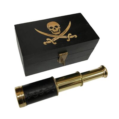 Schooner Bay Co. Engraved Pirate Captain Jack Rackham Flag Antiqued Vintage Solid Mango Wood Box Reproduction with Brass Telescope