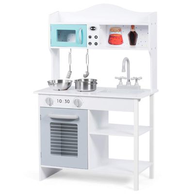 Costzon Kids Kitchen Playset, Wooden Play Kitchen w/Sink, Oven, Microwave, Stove, Pots, Utensils, Pretend Play Cooking Set w/Shelf, Cabinets, Great Gift for Toddlers Boys Girls (Modern)
