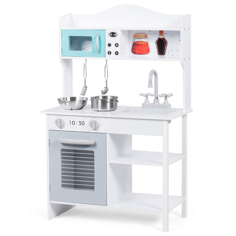 Costzon Kids Kitchen Playset, Wooden Play Kitchen w/Sink, Oven, Microwave, Stove, Pots, Utensils, Pretend Play Cooking Set w/Shelf, Cabinets, Great Gift for Toddlers Boys Girls (Modern)