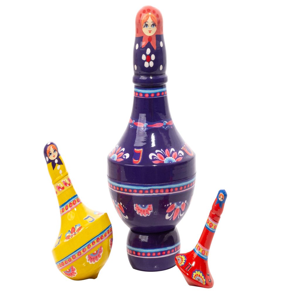 Golden Cockerel Nesting Dreidel Faith Hope Joy Matryoshka 3pc./5" Spinning Top Wooden Babushka Doll