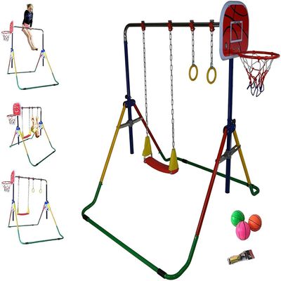 5 Star TD Gymnastics Bar 4 in 1 Horizontal Kip Bar Junior Training Height Adjustable Monkey Bars Jungle Gym Climbing Tower Playground Balance Bar w Deluxe Swing Set, Trapeze Rings and 3 Baketballs