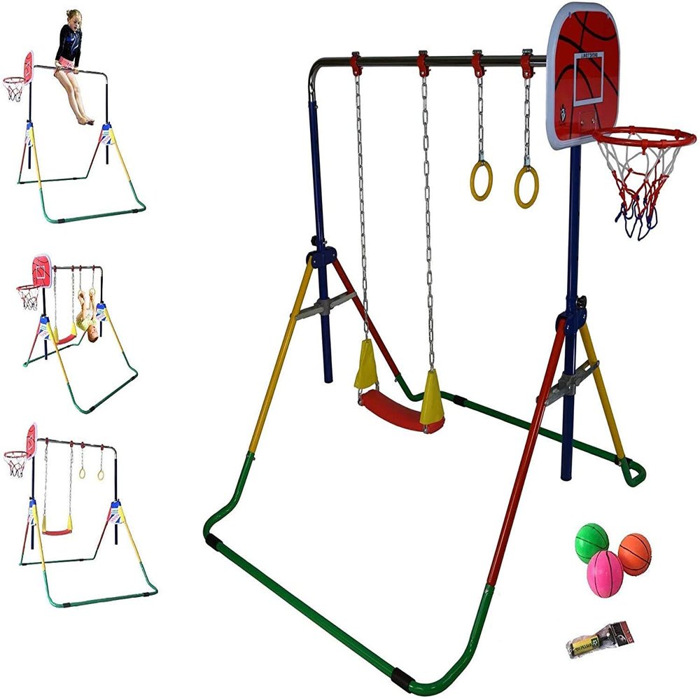 5 Star TD Gymnastics Bar 4 in 1 Horizontal Kip Bar Junior Training Height Adjustable Monkey Bars Jungle Gym Climbing Tower Playground Balance Bar w Deluxe Swing Set, Trapeze Rings and 3 Baketballs