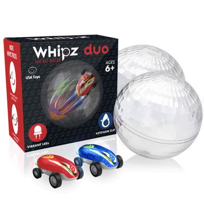 USA Toyz Whipz Duo Micro Racers Toy Cars for Kids - 2pk Mini Keychain, Glow in The Dark LED Fast Pocket Racers Fidget Toys, 2 Mini Cars with 2 Racing Stunt Balls, 2 Clips, and 2 USB Chargers