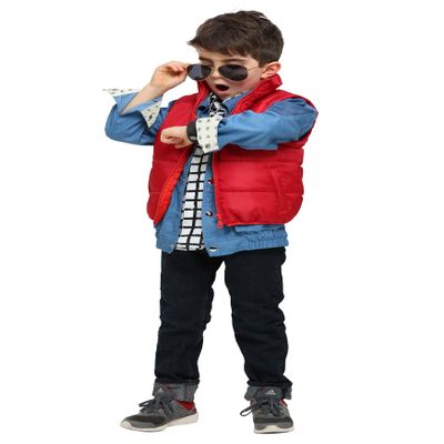 Back to The Future Marty McFly Toddler Costume, BTTF Outfit for Boys with Red Vest, Jean Jacket, & Plaid Shirt