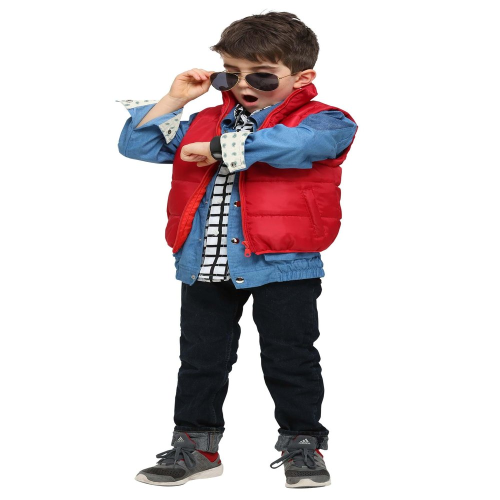 Back to The Future Marty McFly Toddler Costume, BTTF Outfit for Boys with Red Vest, Jean Jacket, & Plaid Shirt