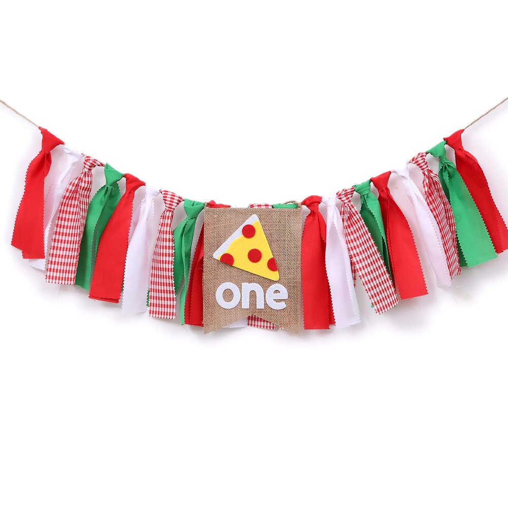 WAOUH Pizza Highchair Banner for 1st Birthday - Fabric Rag Garland Decoration, Cake Smash Photo Prop (80in)