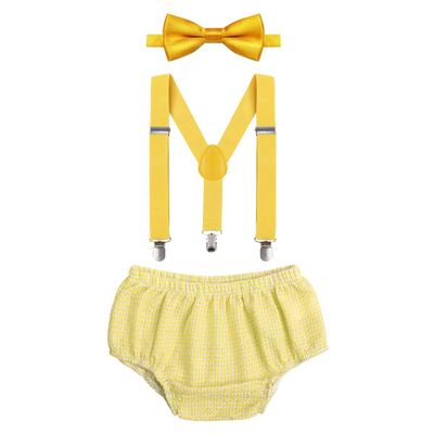 Baby Boys First Birthday Cake Smash Outfit Bloomers Bow Tie Suspenders Set Fishing Party Nappy Diaper Cover 3pcs Clothes Set Photography Prop Costume For Newborn Infant Toddler Yellow Plaid