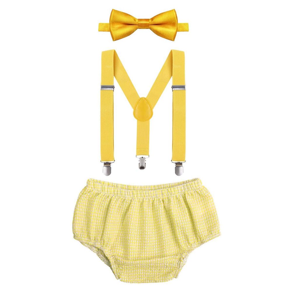 Baby Boys First Birthday Cake Smash Outfit Bloomers Bow Tie Suspenders Set Fishing Party Nappy Diaper Cover 3pcs Clothes Set Photography Prop Costume For Newborn Infant Toddler Yellow Plaid