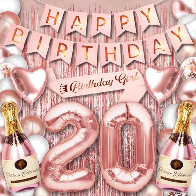 20 Party Supplies for Her Rose Gold 20th Birthday Decorations for Women and Girls with Happy Birthday Balloon Banner and Digit Balloons Including Latex and Confetti Balloons