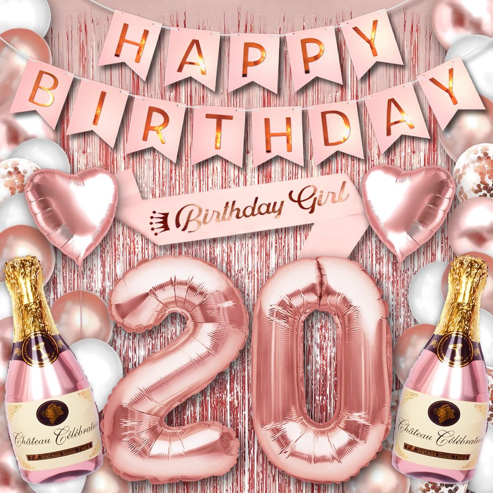 20 Party Supplies for Her Rose Gold 20th Birthday Decorations for Women and Girls with Happy Birthday Balloon Banner and Digit Balloons Including Latex and Confetti Balloons