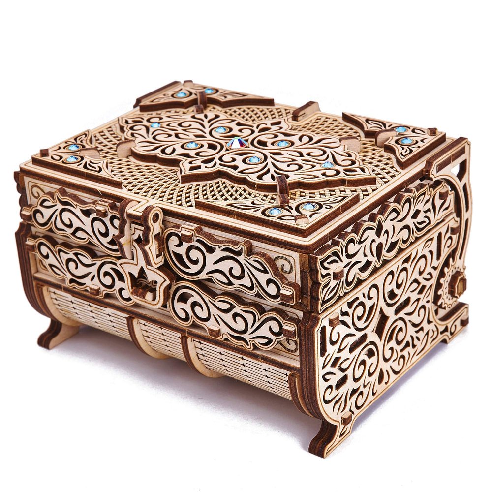 Wood Trick Treasure Puzzle Box for Adults - 3D Wooden Puzzle for Adults to Build - Cute & Neat Design - with Shimmering Crystals - Store Your Jewelry - Wood Model Kit