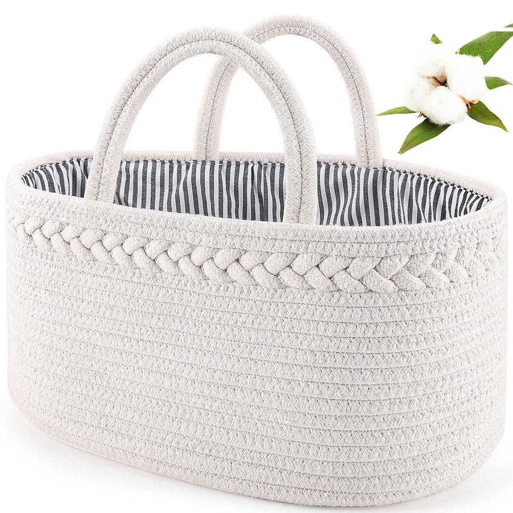 ABenkle Baby Diaper Caddy, Nursery Storage Bin and Car Organizer for Diapers and Baby Wipes, Cotton Rope Diaper Basket Caddy, Changing Table Diaper Storage Caddy