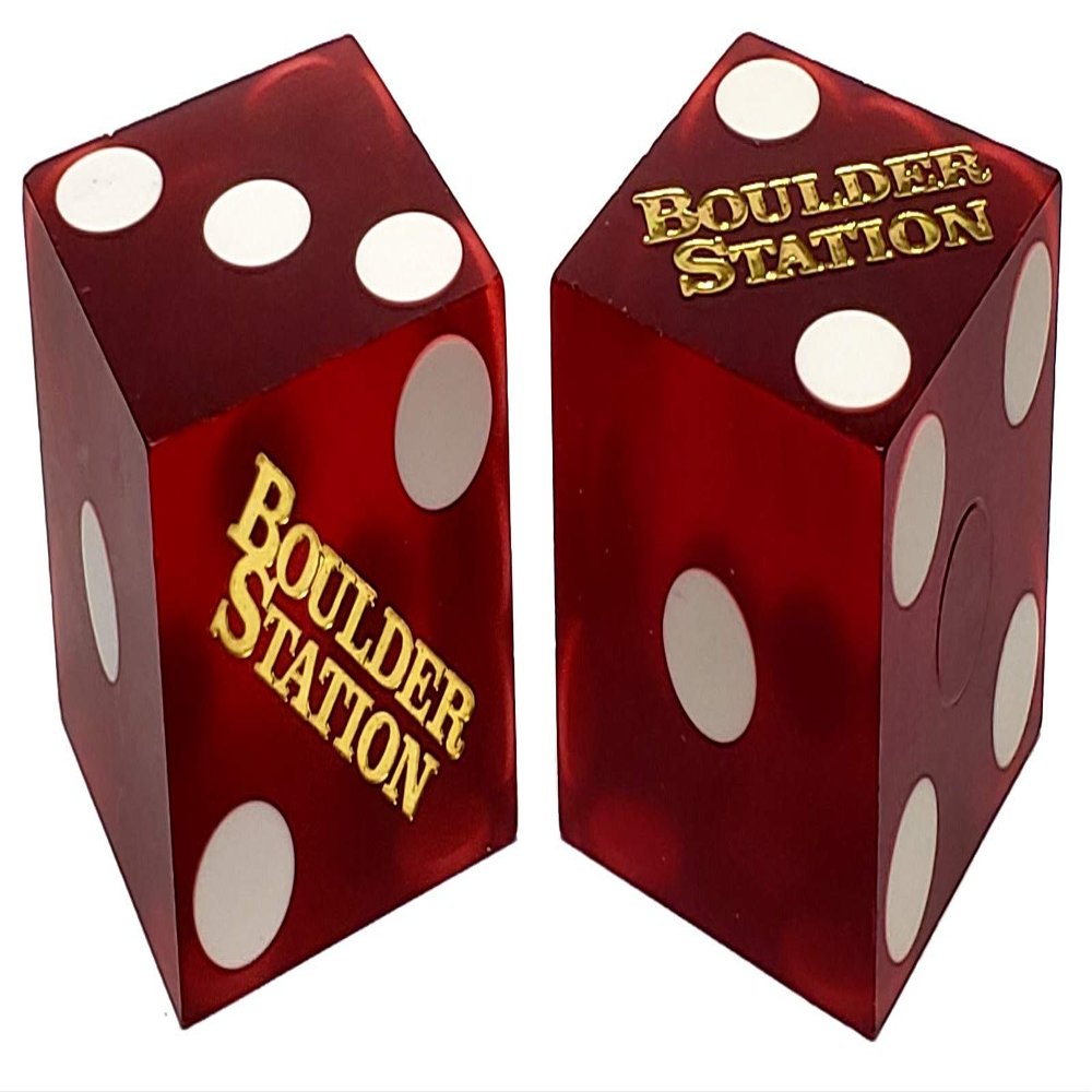 19mm Craps Dice Pair Matching Serial Numbers - Authentic Las Vegas Casino Table-Played Dice (Boulder Station (Dark Red Frosted))