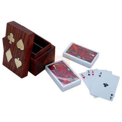 Shriji Crafts Wooden Playing Card Holder Box Artisan Crafted Storage Case for 2 Decks Fits Vintage Collectible Poker Trading Tarot and Magic Cards Brown Wooden Desk Organizer