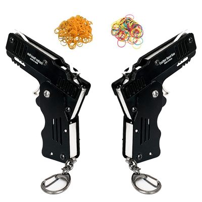 2 Packs of Mini Metal Folding Rubber Band Gun Toy with Keychain and Over 100 Rubber Bands.