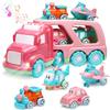 Carrier Car Toy Set(5 in 1) with Lights and Sounds, Pink Toy for Girl Toddler Kid, Friction Powered Double Layer Transport Truck with Cartoon Vehicles, Child Play Birthday Gift Christmas Party Favors view 1