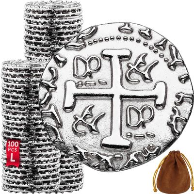 Large Metal Pirate Coins - 100 Silver Treasure Coin Set, Metal Replica Spanish Doubloons for Pirate Party Decorations & Favors, Tokens, Toys, Cosplay - Pirate Treasure Chest - Size: 1.06"