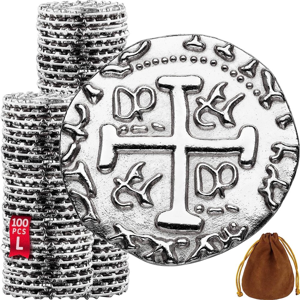 Large Metal Pirate Coins - 100 Silver Treasure Coin Set, Metal Replica Spanish Doubloons for Pirate Party Decorations & Favors, Tokens, Toys, Cosplay - Pirate Treasure Chest - Size: 1.06"