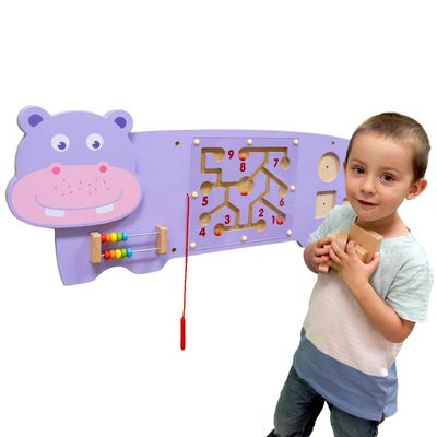 SPARK & WOW Hippo Activity Wall Panel | Ages 18m+ | Montessori Sensory Wall Toy | 3 Activities | Busy Board | Toddler Room Decor