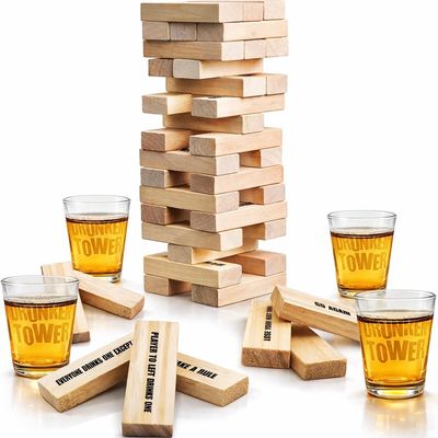 ArtCreativity Tumbling Tower Drinking Games for Adults, with 4 Glasses and 48 Wooden Blocks with Challenges, Fun House Adult Party Games for Game Night, Great Gift Idea for Everyone