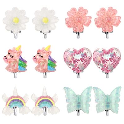 6Pairs Crystal Unicorn Clip On Earrings for Little Girls, Rainbow Clip-on Jewelry Butterfly Earrings Toddler Girls Dress Up Jewelry