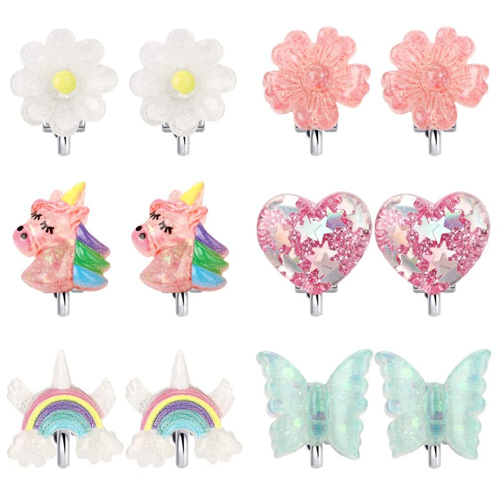 6Pairs Crystal Unicorn Clip On Earrings for Little Girls, Rainbow Clip-on Jewelry Butterfly Earrings Toddler Girls Dress Up Jewelry