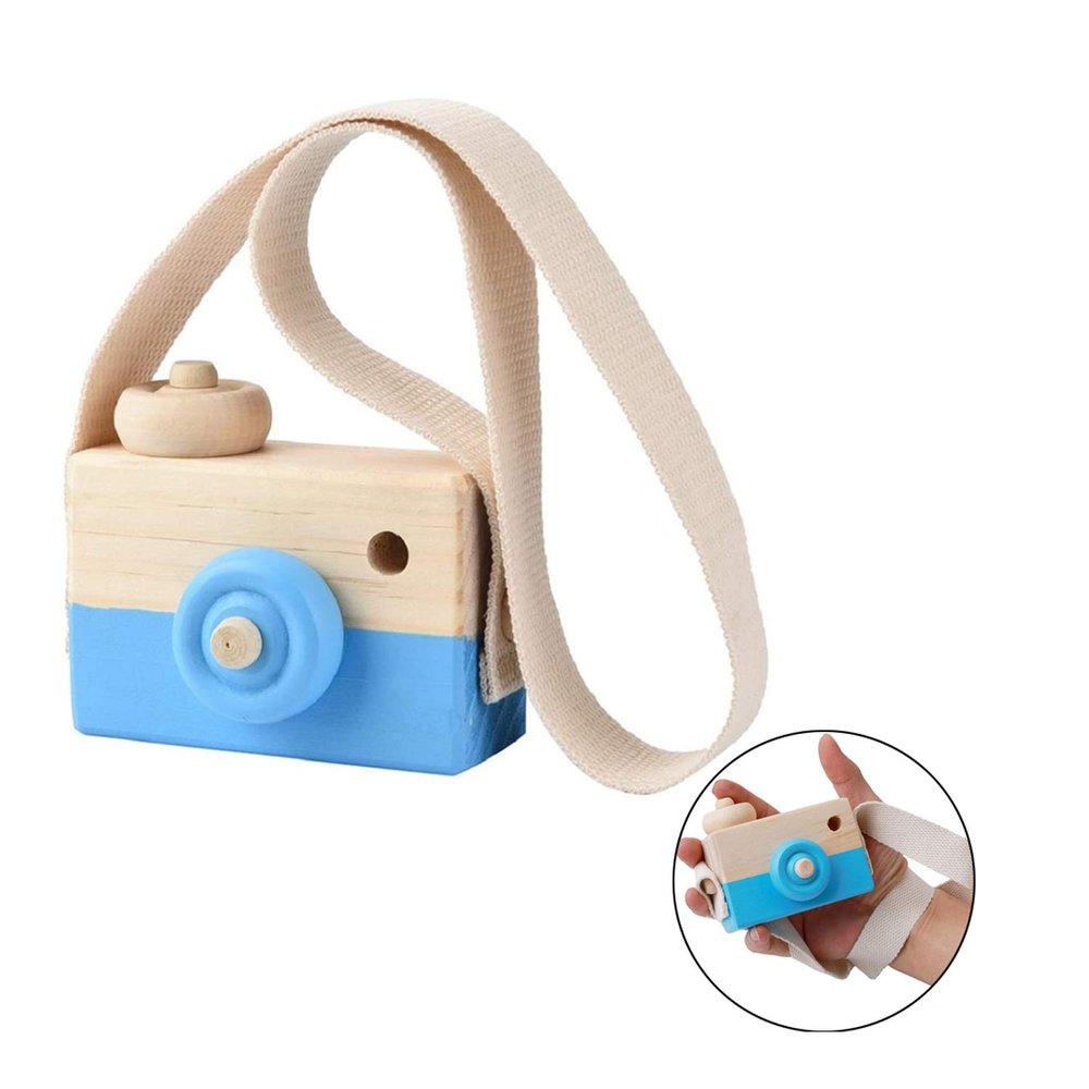 Airlxf Wooden Camera Toy, Baby Kids Cute Mini Sharpe Toy Neck Hanging Photographed Props for Baby Toddlers Children Kids' Room Hanging Decor (Blue)