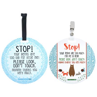 (Three Little Tots) No Touching Baby Car Seat and Stroller Two Pack- Baby Safety No Touching Car Seat Sign, Stroller Sign, Newborn Car Seat Tag- CPSIA Safety Tested (Blue Mommy/Woodlands)