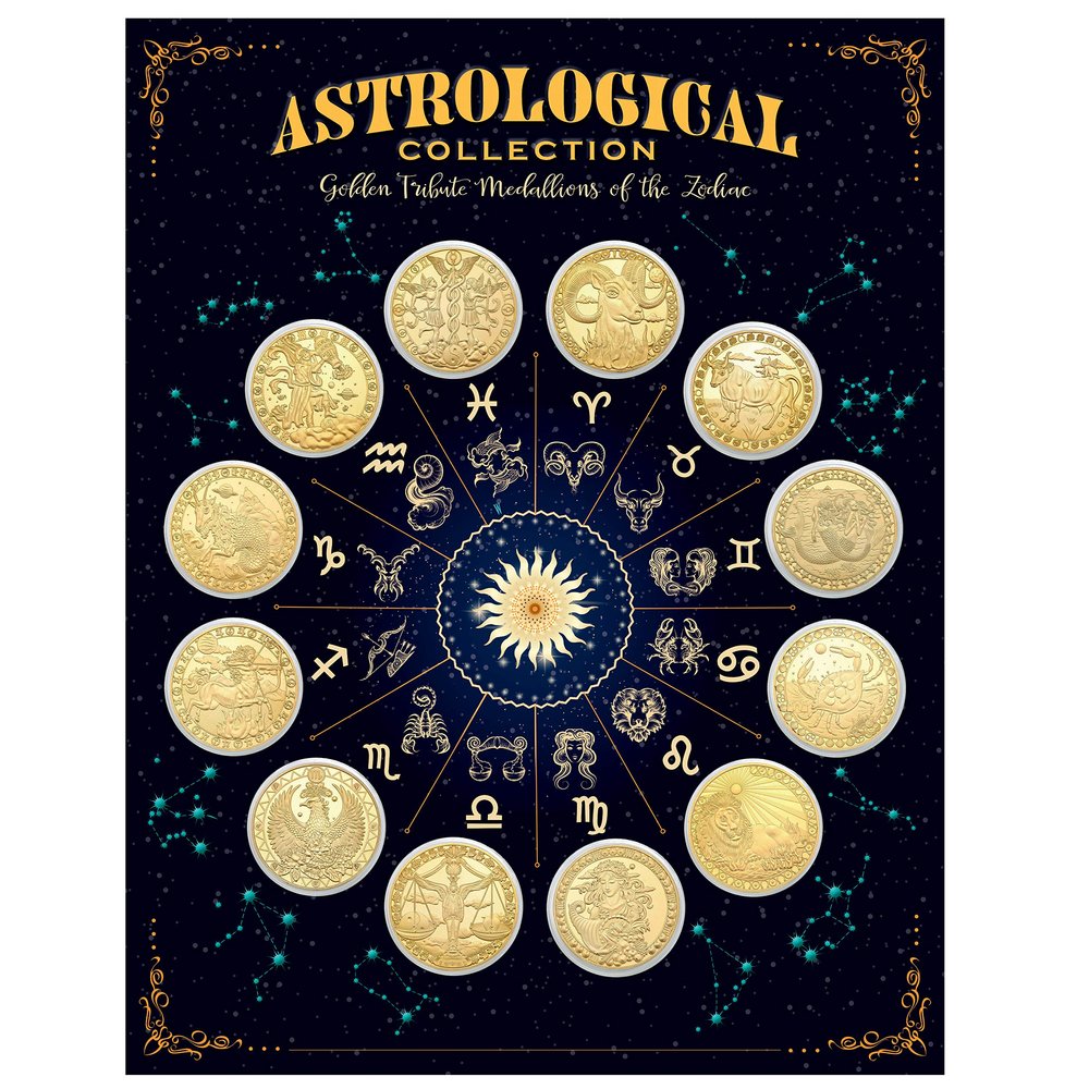 American Coin Treasures Astrological Medallions of The Zodiac | 12 Signs Acrylic Capsules Matted Card | Reverse Displays Zodiac Calendar