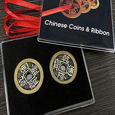SUMAG Chinese Coins and Ribbon Magic Tricks 3 Coins Penetrate On/Off Ribbon Magic Magiciain Close up Illusions Gimmick Props Fun