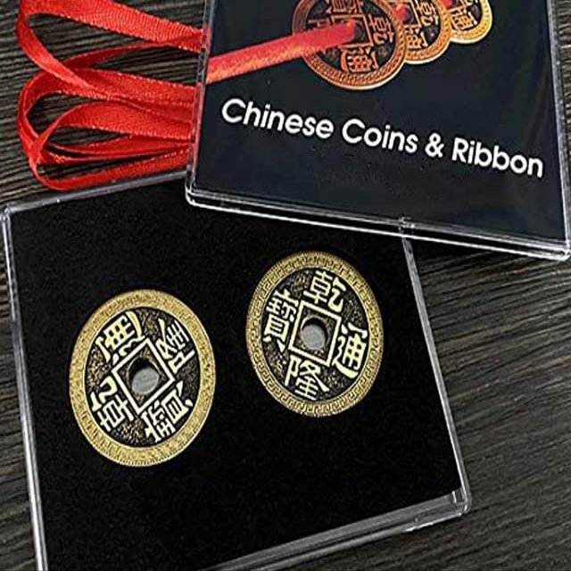 SUMAG Chinese Coins and Ribbon Magic Tricks 3 Coins Penetrate On/Off Ribbon Magic Magiciain Close up Illusions Gimmick Props Fun