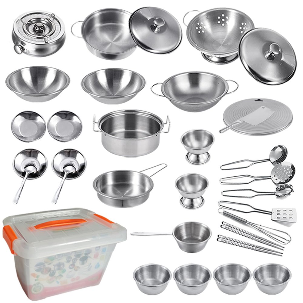 Tiny Classic Stainless Steel Kitchen Toys Cooking Utensils Set-Pretend Play Pots Pans Toy Cookware Kits for Kids Cooking Utensil Set Interactive Learning Role Play Educational Toys for Kids Mini Size