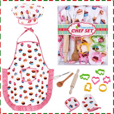 HmiL-U Chef Set for Kids - 13 Pcs Kid Cooking and Baking Sets Includes Apron, Hat, Utensils, Cooking Mitt for Kids Chef Role Play Sets , Gift for 3 Year Old Girls and up(Cake)