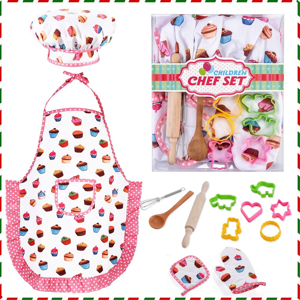 HmiL-U Chef Set for Kids - 13 Pcs Kid Cooking and Baking Sets Includes Apron, Hat, Utensils, Cooking Mitt for Kids Chef Role Play Sets , Gift for 3 Year Old Girls and up(Cake)