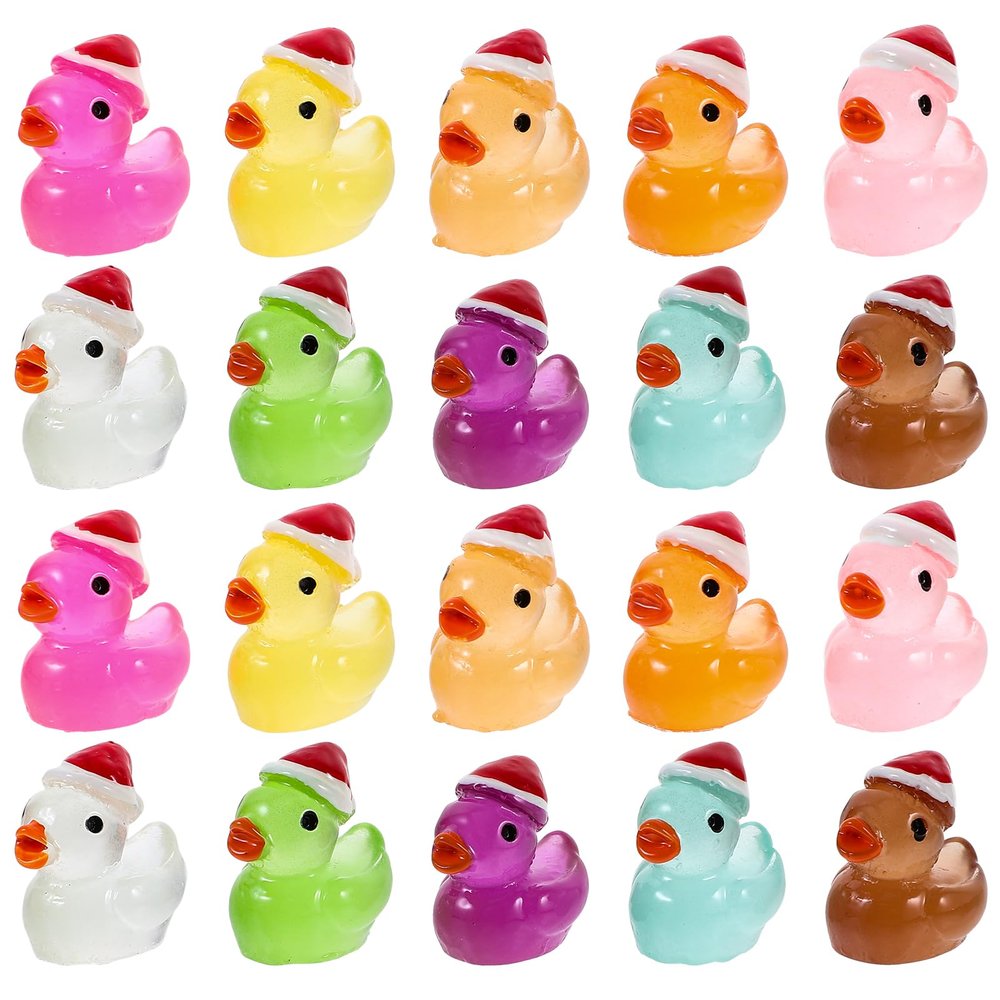 50pcs Miniature Ducks Ornament, Glow in The Duck Figurine with Xmas Hat Micro Landscape Garden Dollhouse Decoration Christmas Party Supplies