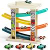 TOP Bright Toddler Wooden Race Track Car Ramp Toys for 1 2 Year Old Baby Motor Skills Race Tracks Car Ramp Vehicle Playsets with 4 Mini Cars and 1 Car Garage view 1