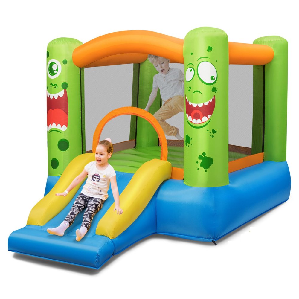 HONEY JOY Inflatable Bounce House, Blow up Moon Bounce for Kids w/Slide & Giant Bouncing Area, Oxford Carry Bag, Stakes, Indoor Outdoor Jumping Bouncy Castle for Backyard Playground (Without Blower)