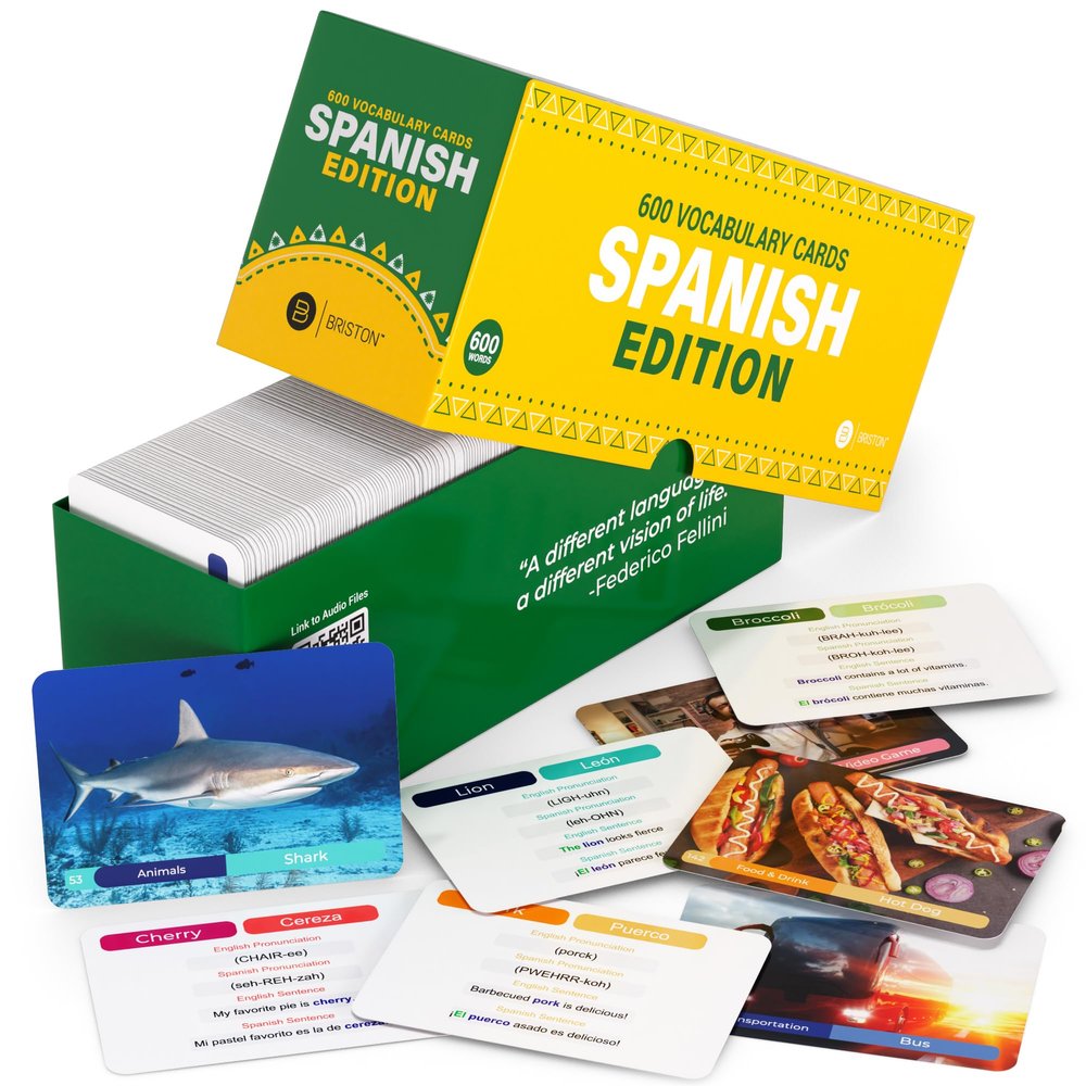 Briston Spanish Vocabulary Flash Cards 600 English to Spanish Flashcards with Example Sentences & Pronunciations Language Learning Cards for Kids & Adults, Classroom, Homeschool Study Set