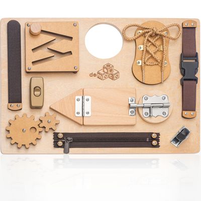 deMoca Sensory Busy Board for Toddlers, Premium Wooden Toddler Busy Board for 1 2 3 Year Old with 10 Educational Activities for Fine Motor Skills, Fidget Activity Toy for Travel